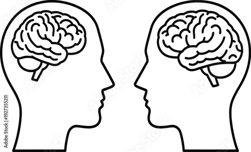 Two human heads facing each other with brains visible in line art style