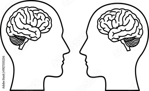 Two human heads facing each other with visible brains inside skulls in black and white line art style