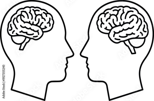 Two human heads facing each other with visible brains inside skulls in a simple line drawing style