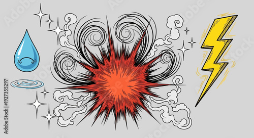Explosion, Lightning, Water Drop, Sparkles and Swirls - Comic Style Elements