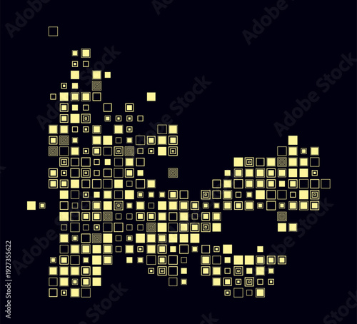 French Southern and Antarctic Lands, shape of the country build of colored cells. Digital style map of the French Southern and Antarctic Lands on dark background. Large size square blocks.