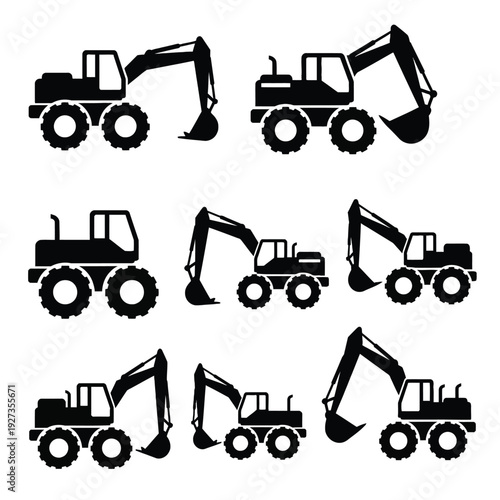 Set of black and white backhoe loaders in different positions on a white background construction vehicle