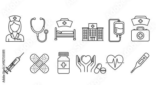 Medical icons collection featuring healthcare professionals, equipment, and services in a simple line art style
