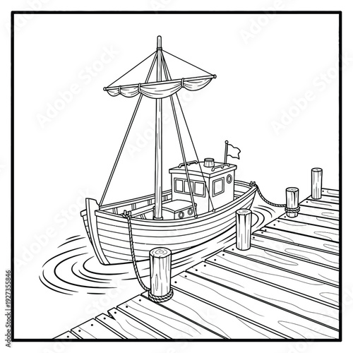 Wooden boat docked at a pier with a canopy and flag docked boat wooden pier boat with canopy