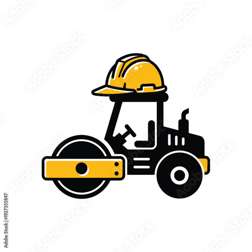 Yellow and black construction worker operating a road roller machine machinery yellow helmet black uniform