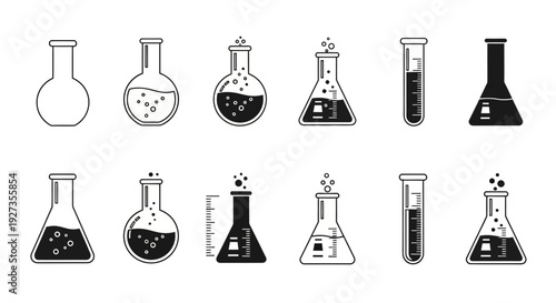 Collection of laboratory icons including flasks and beakers in various states of use and content, presented in a simple line art style, suitable for scientific and educational contexts
