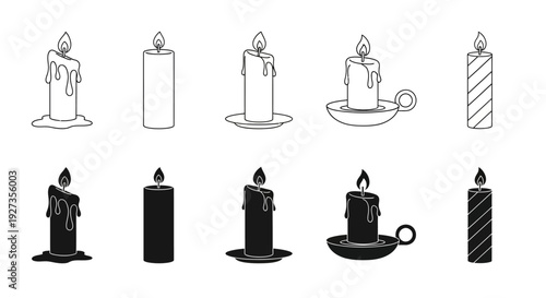 Assorted candle icons in different styles and designs on a clean white background viewed from a straightforward perspective.