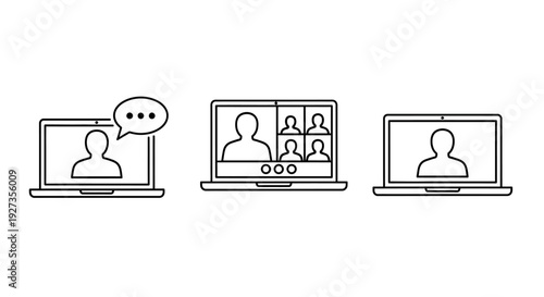 Vector illustration of laptops displaying various online meeting scenarios and communication icons on a clean white background from a straightforward viewpoint