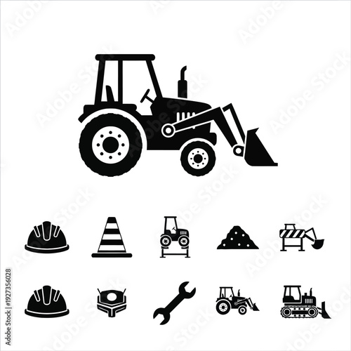 Black and white construction equipment and safety set tractor