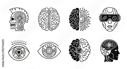 Collection of human head and brain icons with various facial features and cognitive elements, representing consciousness, perception, and technology in a digital art style