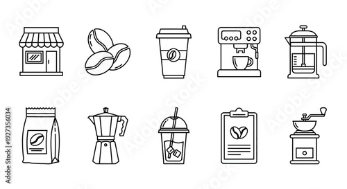 Collection of coffee-related icons, including shop, beans, cup, machine, and grinder, presented in a clean and simple line art style