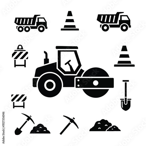 Black and white construction equipment and tools with trucks shovels pickaxes and cones