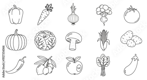 A collection of 16 hand-drawn vegetable icons, including various fruits and vegetables, presented in a grid layout from a straightforward viewpoint