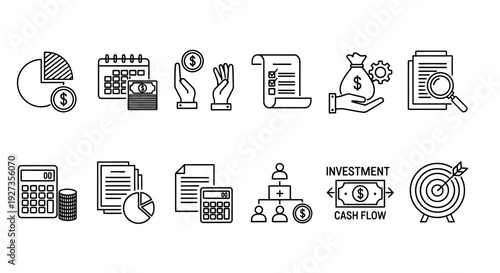 Collection of finance and business icons representing investment, cash flow, and financial documents in a simple line art style.