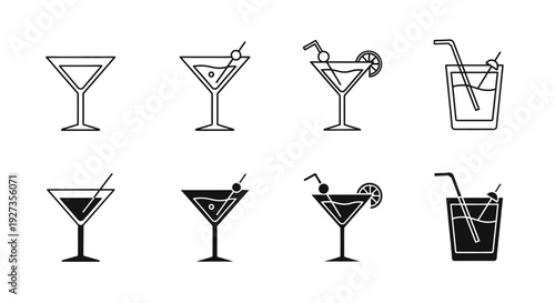 Assorted cocktail icons displayed in a grid layout showcasing various drink styles and garnishes