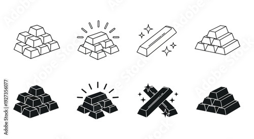 Collection of various icon designs representing different states and forms of precious stones or metals, depicted in both outline and filled styles