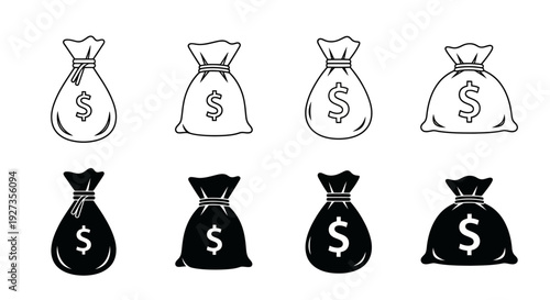 Collection of money bag icons in various styles and designs for financial concepts