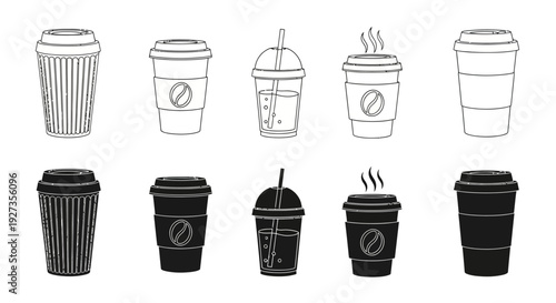 Collection of disposable coffee cups and lids in various designs and styles on a clean background