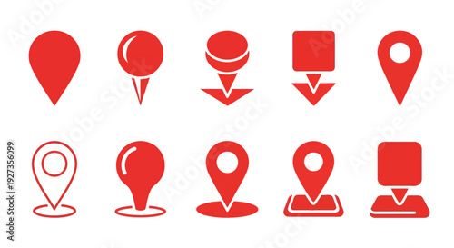 Collection of red icons representing location and navigation elements on a clean white background from a straightforward viewpoint
