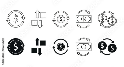 Collection of dollar icons representing financial transactions and exchange in a simple line art style