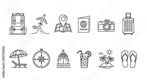 Collection of travel icons displayed in a grid layout, showcasing various elements associated with vacation and exploration, vector illustration, simple line art, white background, 