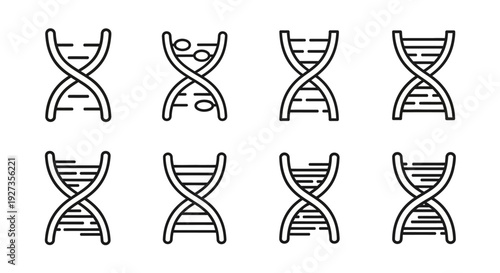Collection of DNA double helix icons in various twisted configurations displayed in a grid arrangement