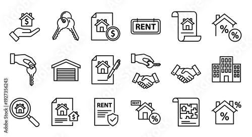 Collection of black and white icons representing real estate transactions and renting processes from various viewpoints