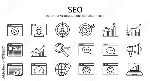 Collection of outline style design icons representing SEO concepts and digital marketing strategies in a grid layout
