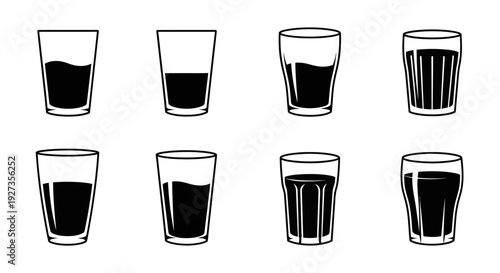 Collection of glasses with varying levels of dark liquid, illustration of drink options, icons choice (275).eps reference