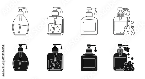 Collection of various soap dispenser icons in different styles and designs for personal hygiene purposes