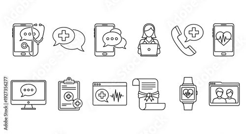 Collection of simple line icons representing various communication and medical technology devices and concepts