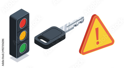 Traffic signal, key, and warning sign illustration depicting road safety elements in a graphic representation