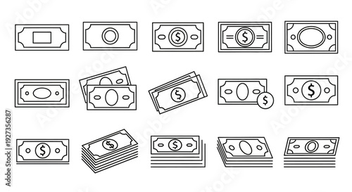 Collection of various dollar bill and cash icons in different orientations and styles, finance concept, black and line art, various viewpoints