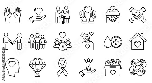 Collection of simple line icons representing charity and health concepts in a grid layout on a clean background viewed from directly above