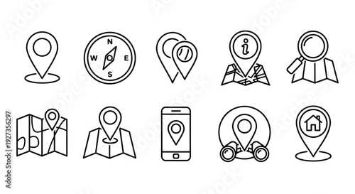 A collection of simple line icons representing various navigation and location-based concepts, displayed on a clean white background from a straightforward viewpoint.