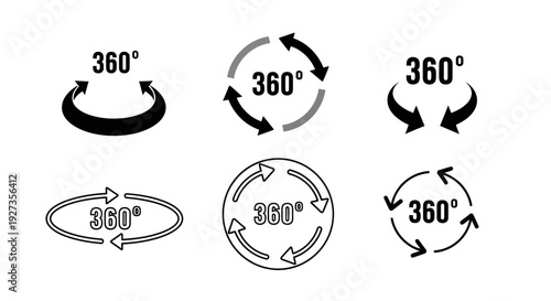 Collection of 360-degree rotation icons in various styles and designs displayed together on a clean background