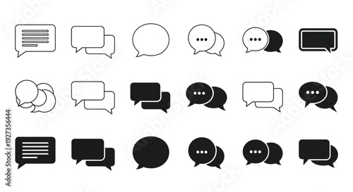 Collection of various speech bubble icons in black and white, representing communication and conversation, vector graphics