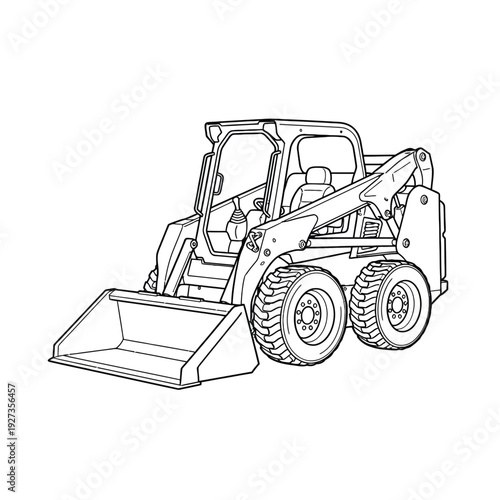 Black and white line of a compact loader with a front bucket attachment line compact loader construction equipment