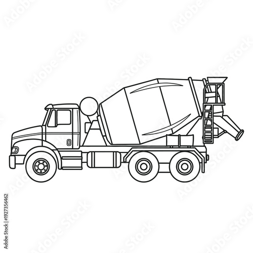 Black and white line of a concrete mixer truck with a rotating drum and ladder line black and white construction vehicle