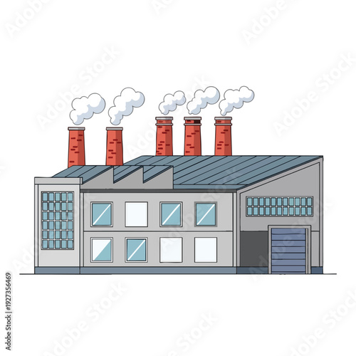 Modern Industrial Factory Building with Smoke Stacks and Large Windows