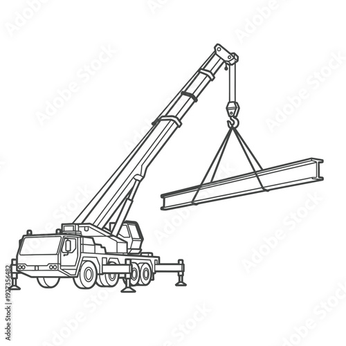 Black and white line of a crane lifting a steel beam construction industrial