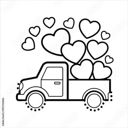 Black and white line of a truck carrying hearts with hearts floating above line truck love
