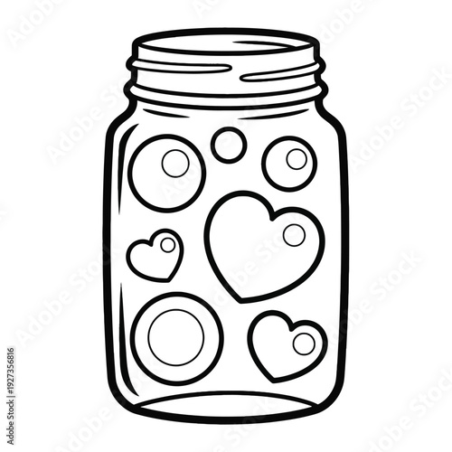 Black and white of a jar filled with hearts and circles love