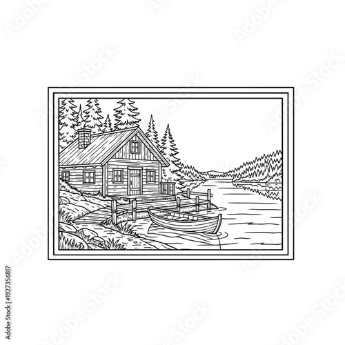 Black and white of a lakeside cabin with a dock and boat