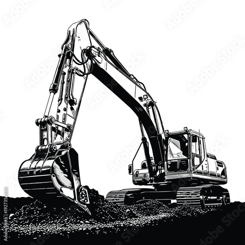 Black and white of a large hydraulic excavator digging into a pile of dirt construction machinery digger
