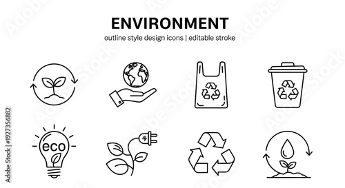 Sustainable energy icons set, featuring eco-friendly symbols and renewable sources, presented in a clean vector illustration style