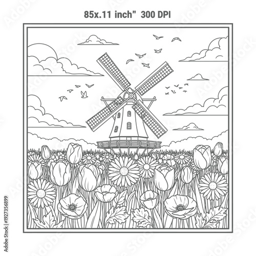 Black and white of a windmill surrounded by a field of flowers with birds flying in the sky