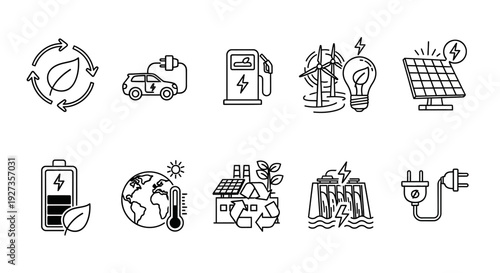 Sustainable energy icons set, featuring eco-friendly symbols and renewable sources, presented in a clean vector illustration style