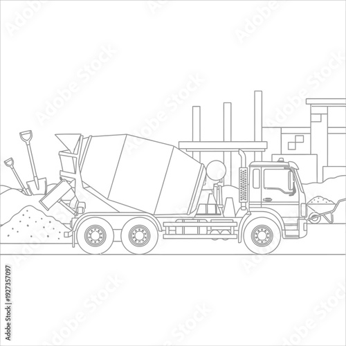 Concrete mixer truck with construction tools and in a construction site setting shovel rake