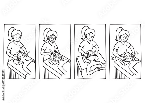 Professional facial treatment steps showing aesthetician applying skin mask set